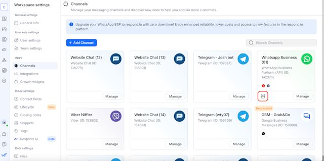This image shows how to submit WhatsApp Messages Template from respond.io. 1. Go to Settings > Channel > WhatsApp Business API  and select the Templates Icon.