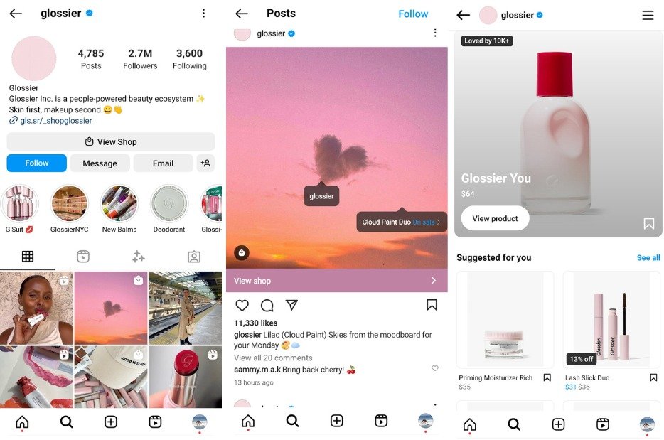 Cette image montre comment Glossier fait le commerce social Instagram. Glossier utilise les plates-formes de commerce social comme canal de vente directe. Il a une expérience d'achat transparente intégrée dans leurs comptes de médias sociaux, permettant aux utilisateurs de naviguer et d'acheter des produits sans quitter la plateforme.