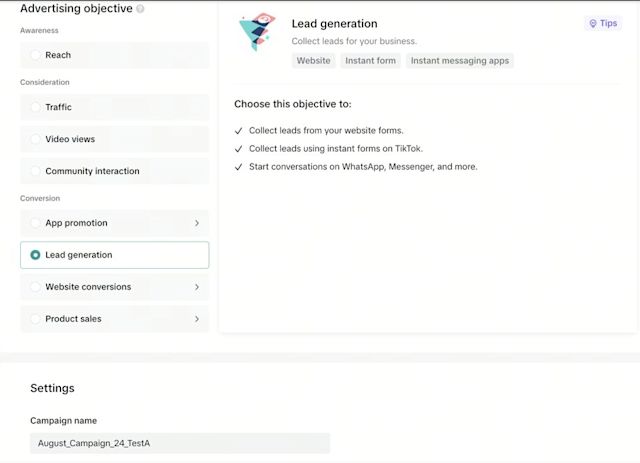 A screenshot showing the advertising objective needed to create a tiktok messaging ad