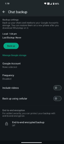A screenshot of chat backups on a personal WhatsApp account to change to WhatsApp Business account
