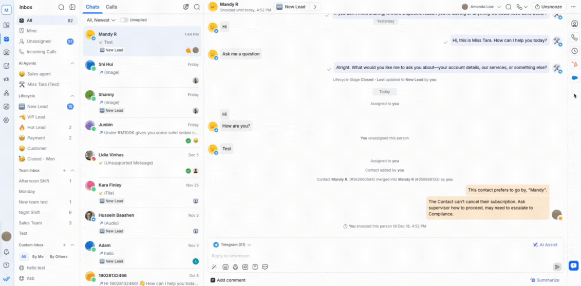 Unsnooze a Contact by clicking the unsnooze button or selecting Unsnooze via quick actions.