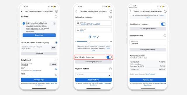 Images of 3 phone screens showing how to set up WhatsApp ads on the WhatsApp Business App