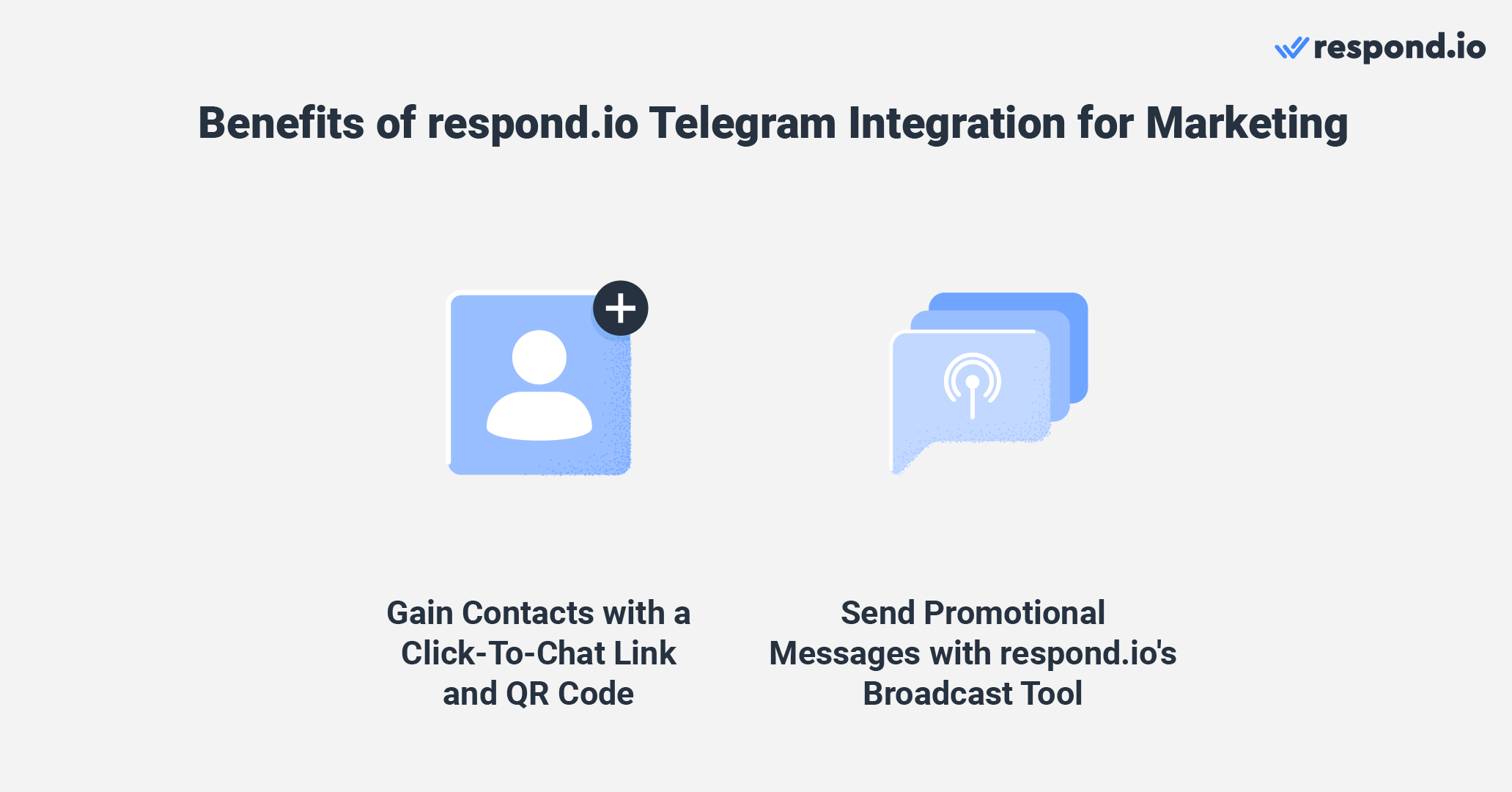 Para reducir el spam y proteger la privacidad de los usuarios, Telegram no transfiere los números de teléfono o identificadores de los usuarios de Telegram a las empresas. Por lo tanto, las empresas no pueden importar la información de contacto de los usuarios de Telegram y deben esperar a que inicien una conversación. Afortunadamente, las empresas pueden fomentar conversaciones entrantes con enlaces de chat, búsqueda en la aplicación, códigos QR y widgets de Telegram. Además, a diferencia de los canales de Telegram que están diseñados como una herramienta de difusión de una sola vía, las transmisiones de Telegram a través de respond.io permiten interacciones bidireccionales, permitiendo que los contactos respondan a los mensajes promocionales que les interesan.