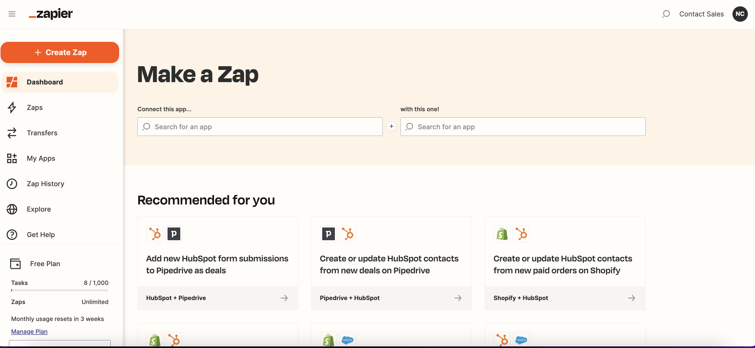 Screenshot showing an example of middleware HubSpot integration, using Zapier to integrate with HubSpot