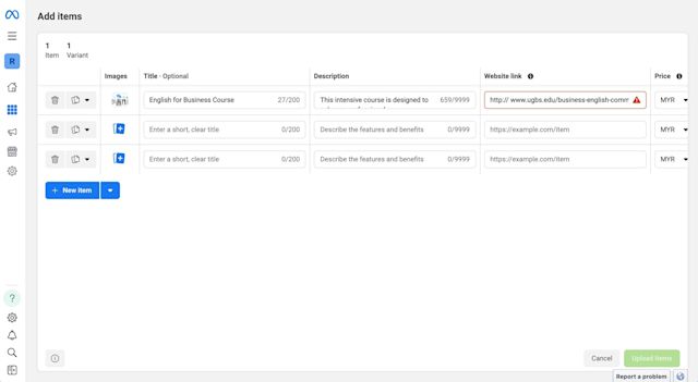 This image shows how to upload item information to your catalogue manager. On the left menu, go to Catalog > Items and upload your product information.