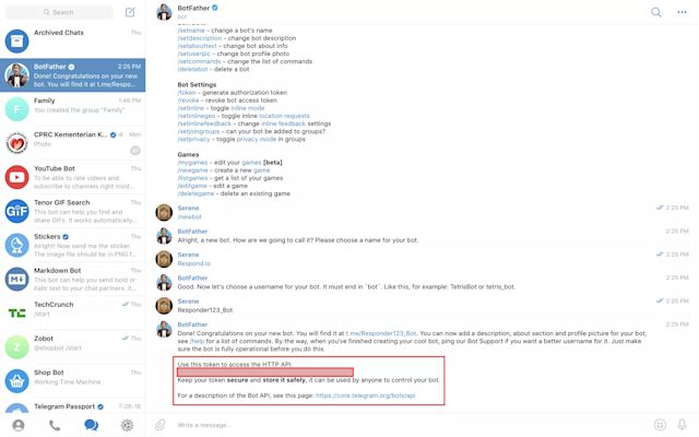 Depois de ter criado seu bot, você receberá seu token e poderá começar a usá-lo como uma conta de empresa.