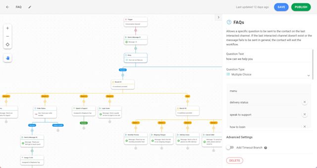 This image shows the workflows for automating FAQs. To create FAQ, you need to first create a line multiple choice menu where you can input up to 10 faqs and responses. 