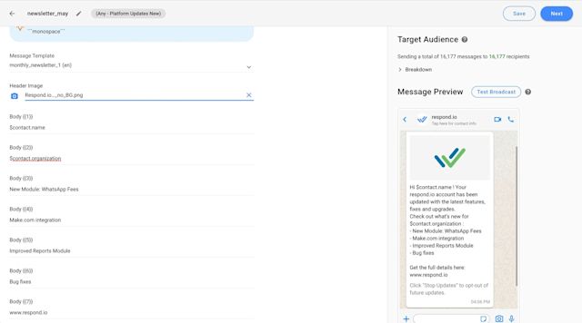 This image shows how to broadcast a message from the respond.io Broadcast Module.