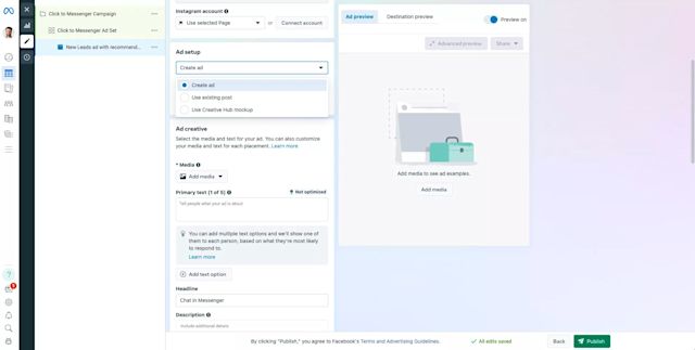 This image shows how to use click to chat by Meta. Fill in your click to chat ad in the Meta Ads Manager.