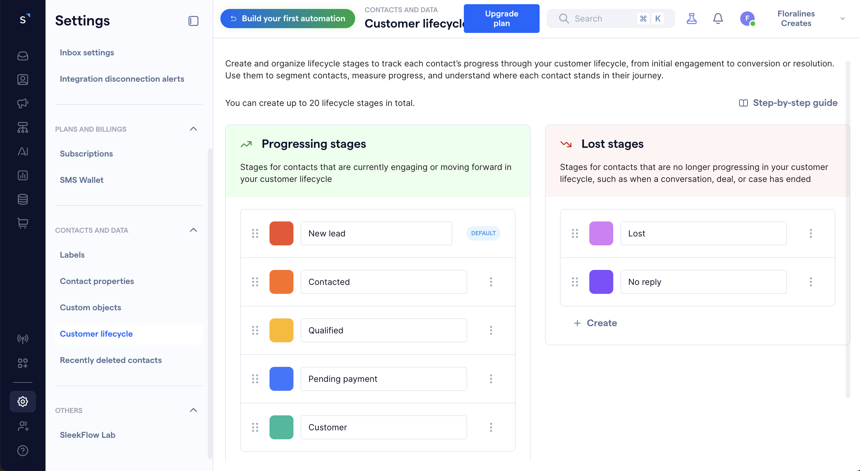 This is a screenshot of Sleekflow's lifecycle feature
