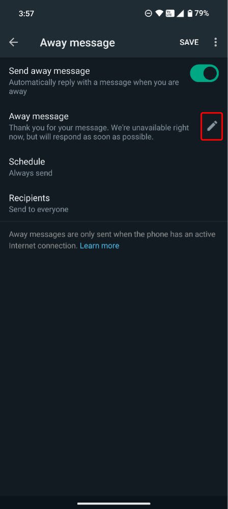 A screenshot of enabling the send away message for WhatsApp schedule message