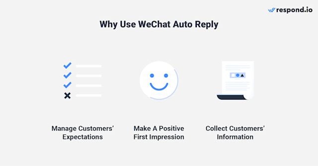 This is an image that describes the benefits of using auto replies on wechat. Not only does it help to manage customers' expectations, having welcome message helps establish a strong positive first impression. Lastly, you also get to collect customers' information with pre-chat survey.