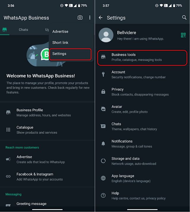 Screenshots of going into the setting of the WhatsApp Business App