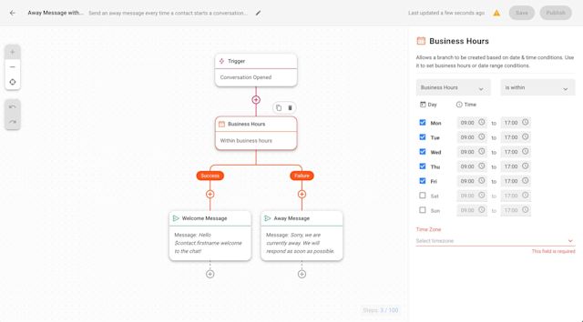 This image shows WhatsApp bot automation built with respond.io's Workflows. With this setup, you can send and away message when WhatsApp customers contact you outside business hours.