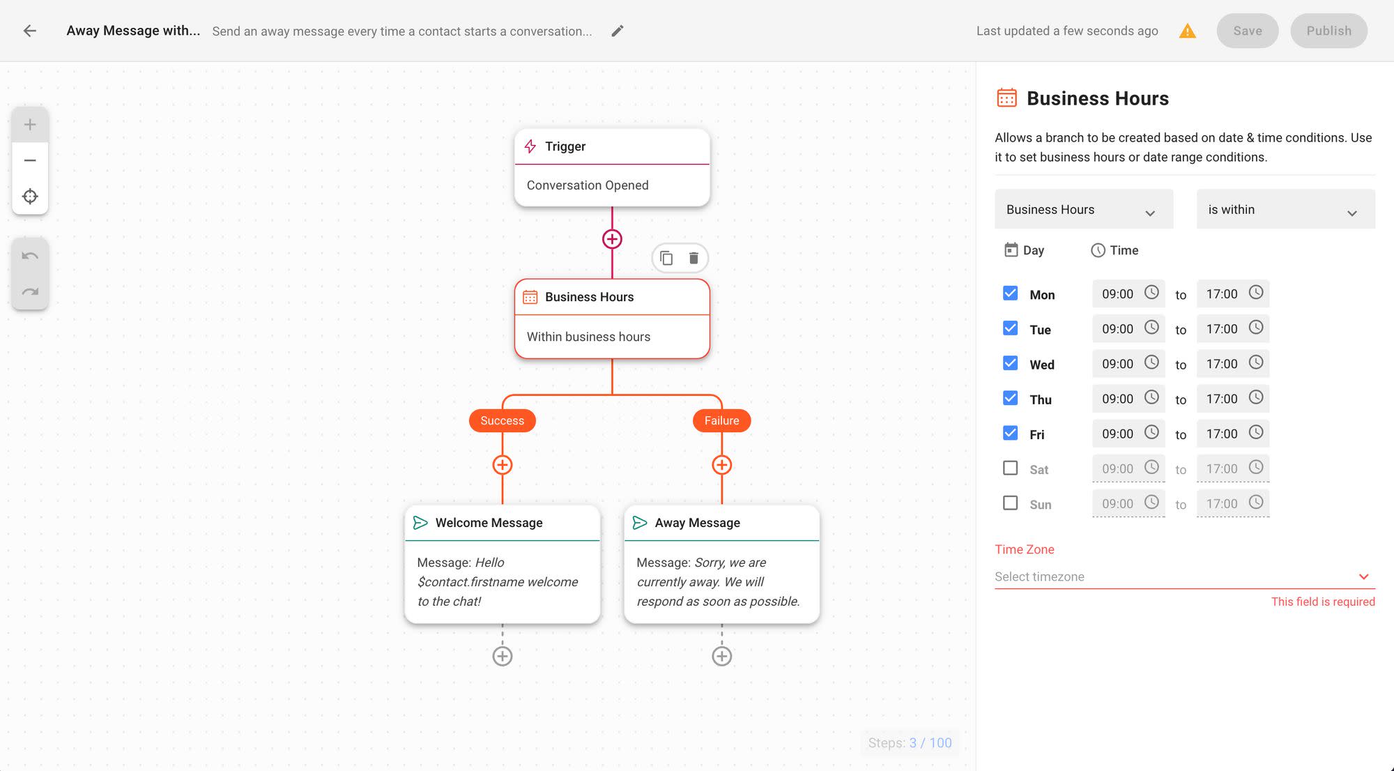 This image shows WhatsApp bot automation built with respond.io's Workflows. With this setup, you can send and away message when WhatsApp customers contact you outside business hours.