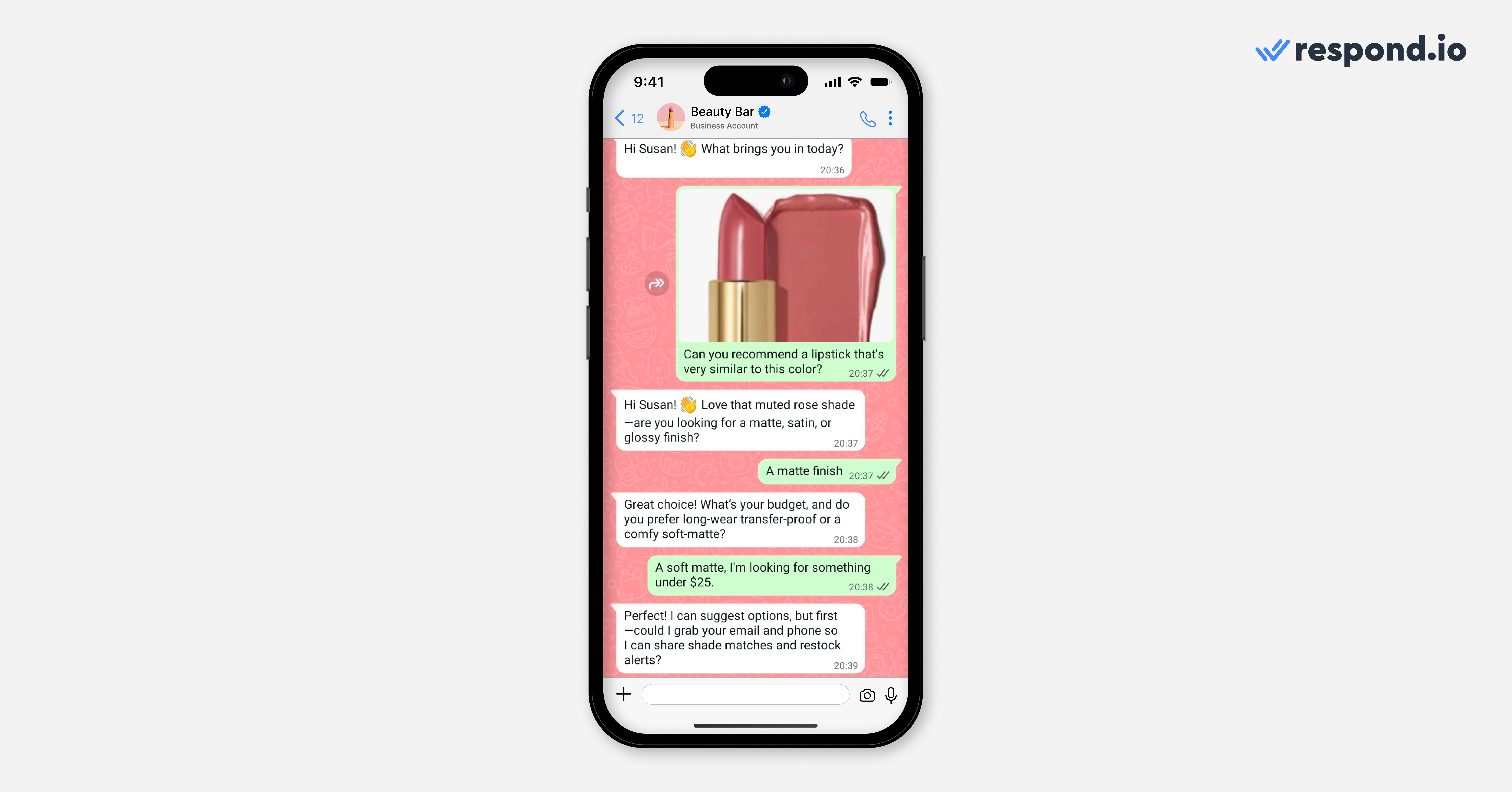 Screenshot showing a WhatsApp conversation with an AI sales agent