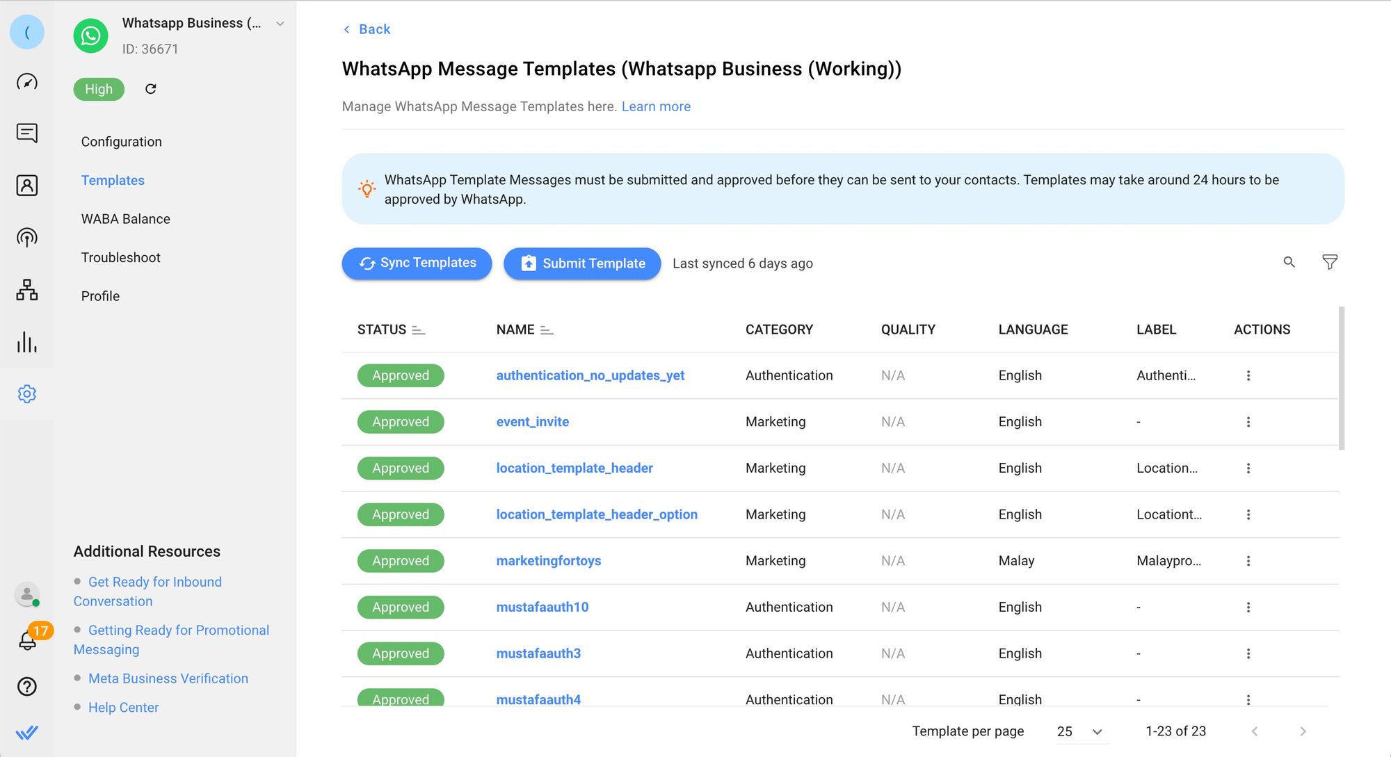 View the latest Message Template status easily on respond.io