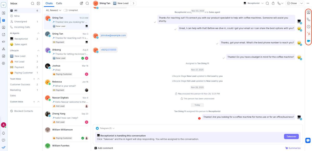 screenshot of respond.io's inbox, showing how all contacts and conversations come into a single team inbox, no matter what channel the chat comes in on