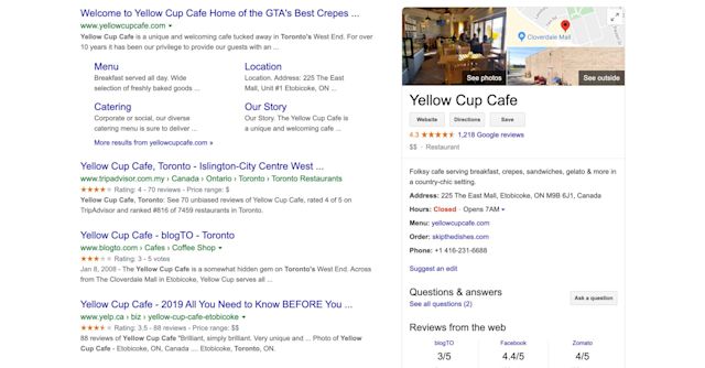 The top features customers see straight away on a GMB profile in Google Search are photos (your cover photo will appear here if you have selected one), your location pin on Google Maps and the name of your business. Directly beneath your business name, there is a row of three call-to-action buttons. These buttons are labeled Website, which takes customers directly to your company website, Directions, which takes users into Google Maps and Save, which allows users to save your business in a list on Google Maps. Your google rating and number of google reviews link to the reviews section further down your profile and appear one line under the row of call-to-action buttons. Reviews from the web is a section that shows your ratings from other websites, such as Facebook for example, which provides a rating based on Facebook votes.