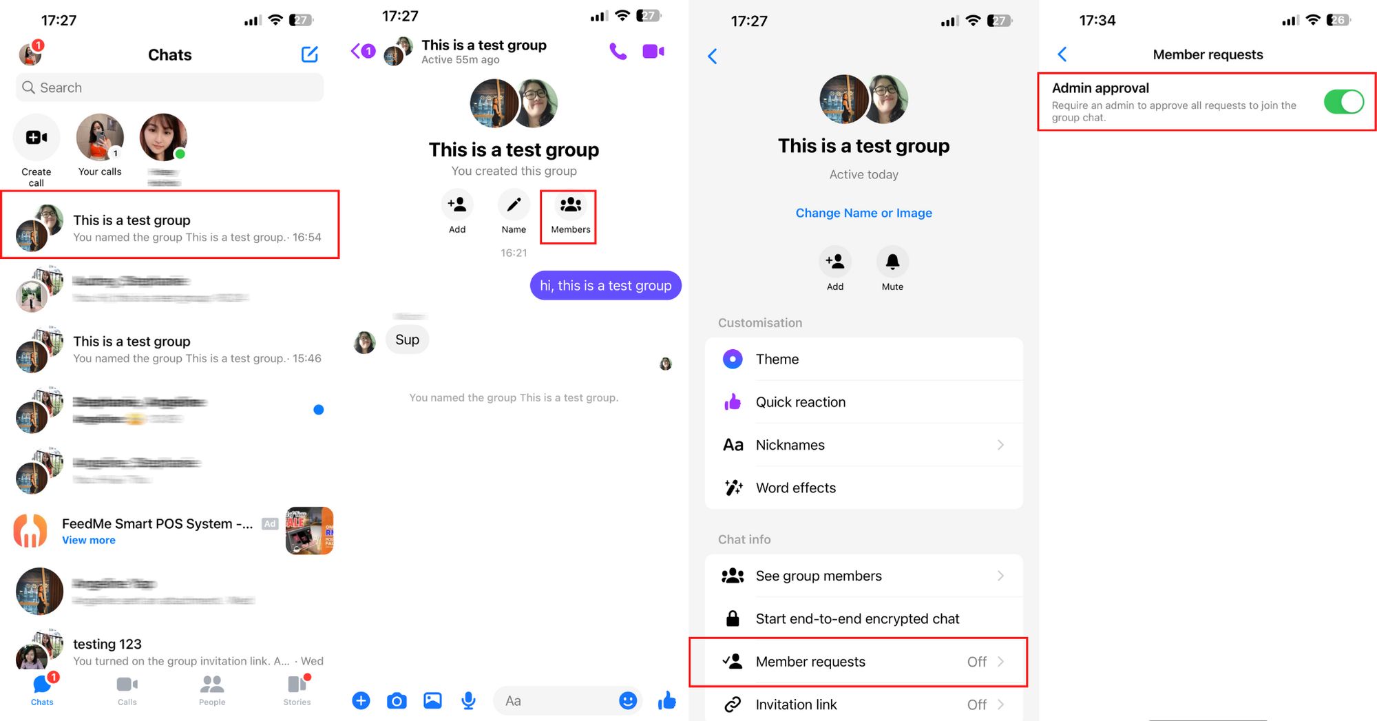 Esta é uma imagem que descreve como ativar a aprovação do administrador para seu chat em grupo do Facebook Messenger. Primeiro, abra a conversa em grupo, e em seguida, clique no nome do seu chat em grupo, nas solicitações de membros do próximo clique e finalmente ative o botão. 