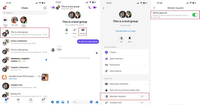 This is an image that describes how to turn on admin approval for your group chat Facebook Messenger. First, open the group conversation, then click the name of your group chat, next click member requests and finally turn the toggle on. 