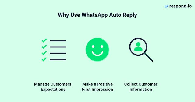 This image talks about the benefits of using WhatsApp auto reply for your business, including manage customers' expectations, make a strong first impression and collect customer information. 