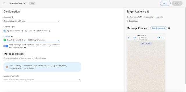 Broadcasts for promotions and updates: WhatsApp Business App limits reach to 256 contacts, while respond.io enables larger audiences, contact segmentation, scheduling, and analytics for effective campaigns.