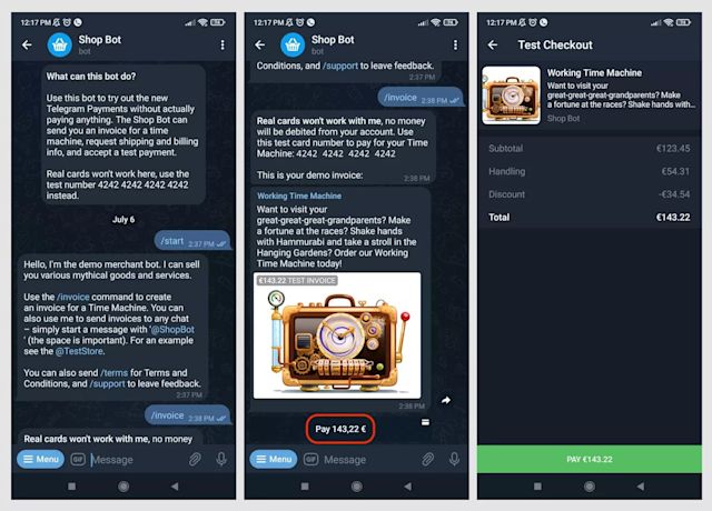 The image shows how to sell products on Telegram. These Telegram sales bot shows you how Telegram payments work without spending any real money.