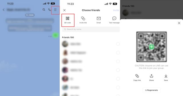 This is a screenshot that describes how to create qr code line group. First, tap groups on the homepage of your app, then open the group chat you want to share. Next, tap the three horizontal lines and tape invite to download the line group chat qr code.