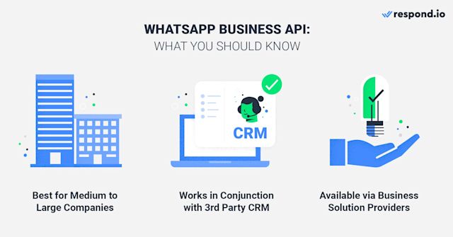 This is an image that illustrates the basics of WhatsApp API. There are three WhatsApp API facts you should know. WhatsApp API is designed for medium to large businesses. Having no interface, WhatsApp API works in conjunction with a WhatsApp CRM. WhatsApp API is only available through WhatsApp Business Solution Providers.
