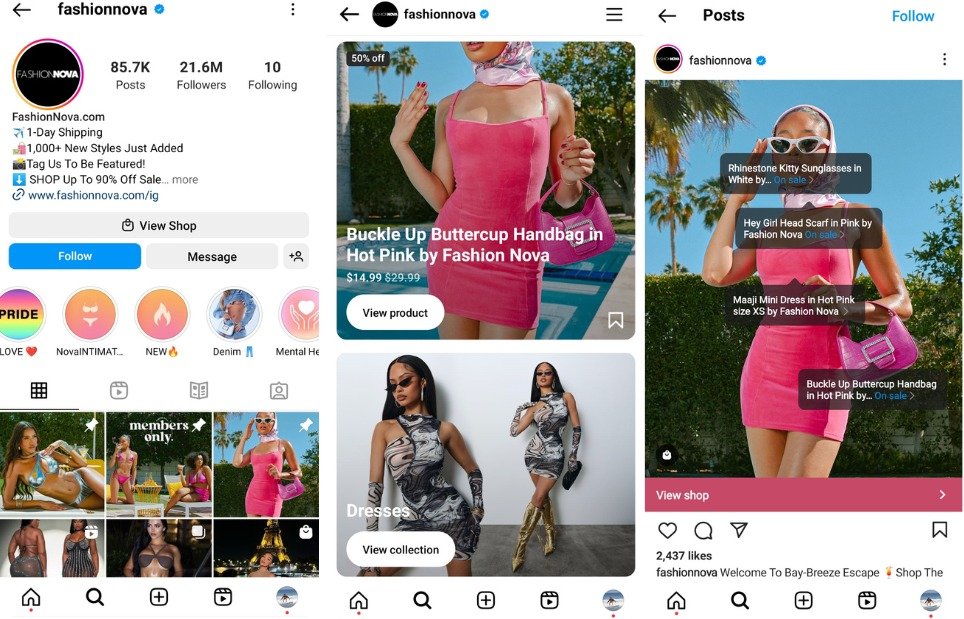 Cette image montre comment la mode Nova fait le commerce social Instagram. En affichant des annonces personnalisées et en reciblant les utilisateurs qui se sont engagés avec leur marque, Fashion Nova maximise ses chances de convertir les utilisateurs des médias sociaux en clients.