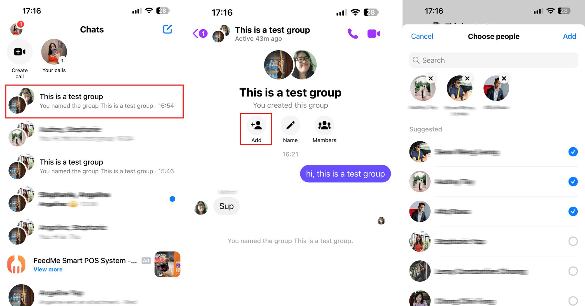 Esta é uma imagem que descreve como convidar pessoas para o seu grupo. Primeiro, abra a conversa do grupo, clique em Adicionar e, finalmente, selecione as pessoas que deseja convidar para o grupo. 