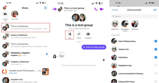 This is an image that describes how to invite people to your group. First, open the group conversation, click Add and finally select the people you want to invite to the group. 