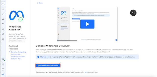 Click Connect With Facebook. You’ll be prompted to choose the WhatsApp Cloud API Account you want to use with respond.io and the Business Manager account tied to the WhatsApp Cloud API Account you've selected.