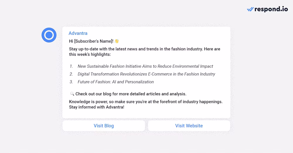 This image shows how to use newsletter WhatsApp for industry news roundups. Become a reliable source of industry news and trends for your subscribers. Compile the latest happenings, insights, and developments in your industry and share them through a concise and informative newsletter. 