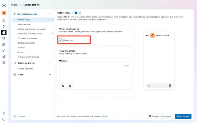This is an image on how to set up facebook business messenger auto reply. To set auto reply facebook messenger, select Messenger as the preferred platform by checking the box. Read the blog for more information on how to set up auto reply in facebook messenger, as well as facebook messenger auto reply sample