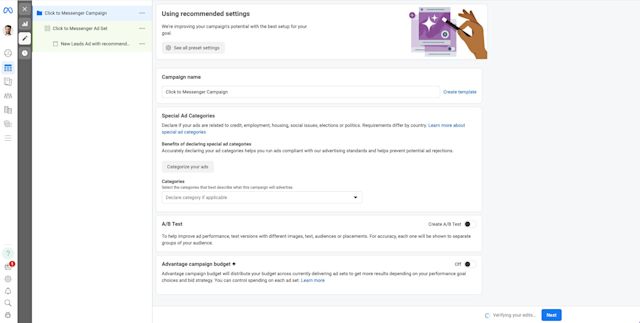 This image shows how to create Facebook ads Facebook Messenger in the Meta Ads Manager. Edit the campaign name and category.