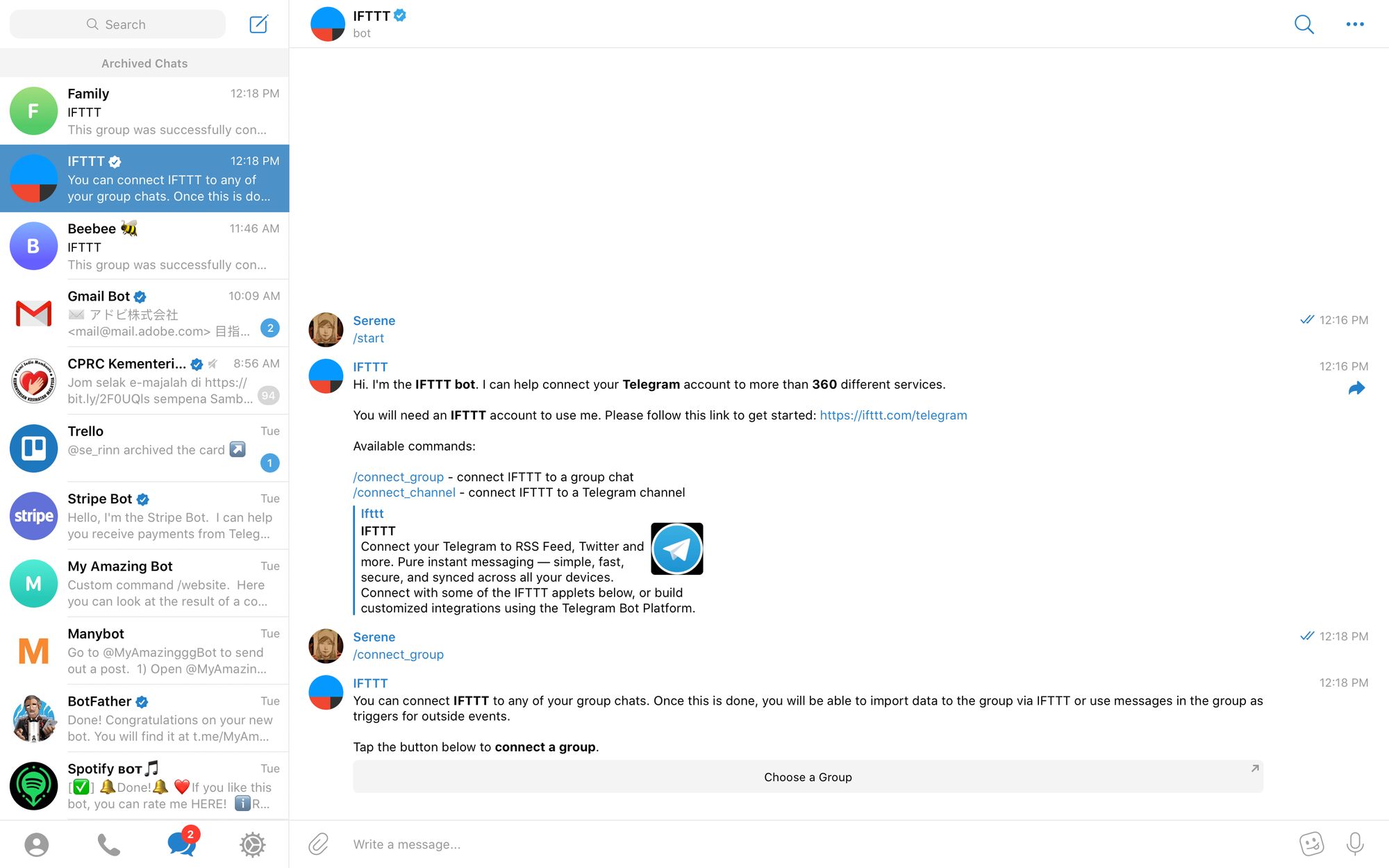 Connectez le Bot IFTTT à un groupe Telegram ou Telegram.