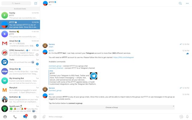 Connect the IFTTT Bot to a Telegram channel or Telegram group.