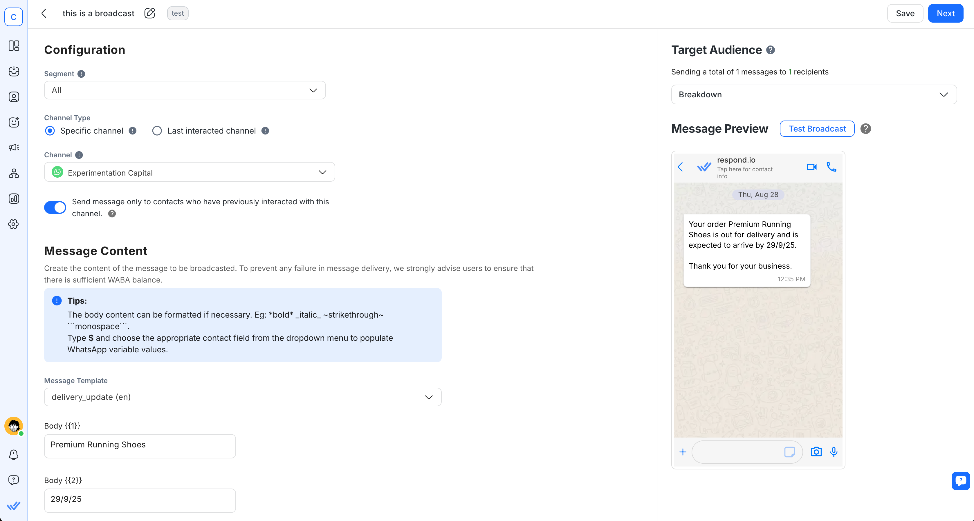 Modulo di trasmissione di Respond.io