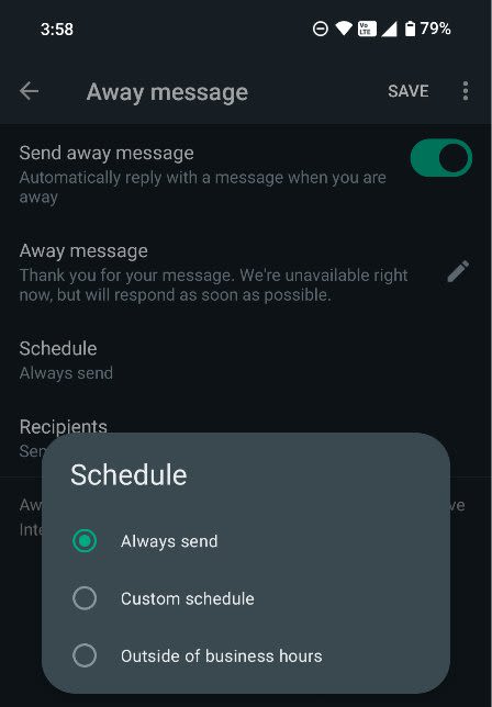 A screenshot of setting a schedule for a WhatsApp message