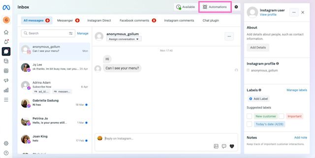 To set instagram auto replies, you need click on automations on Meta Business Suite Inbox.