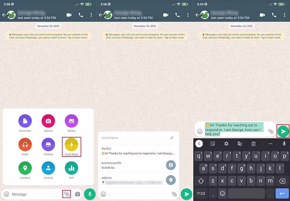 an image showing how to send whatsapp quick replies