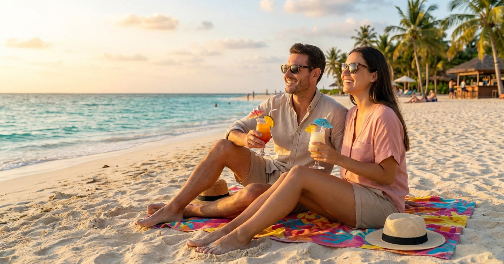 Image of couple sitting on a beach after they've booked a trip through Only Tourism