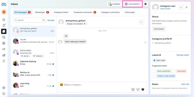 Image showing can you set up auto reply on instagram? You can set up Instagram auto reply by clicking on automations on Meta business Suite Inbox.