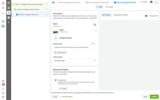 This is an image about how to Add Direct Message Button on Instagram. Write the Primary Text and add an optional description. The headline will be Send Message by default.