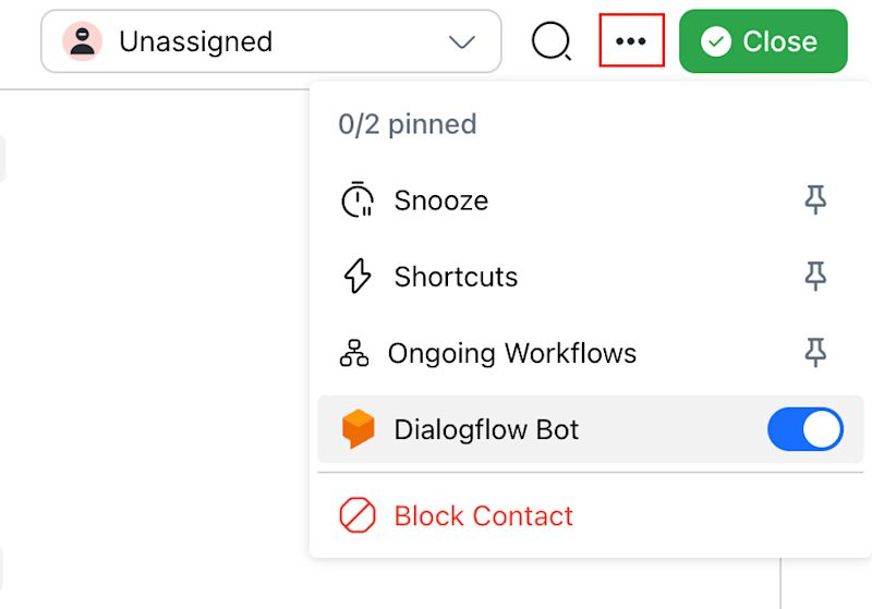 Turn off the Dialogflow Bot manually from the Inbox module with the toggle.
