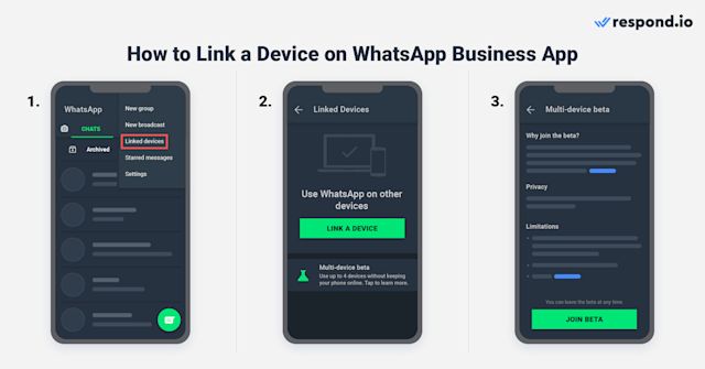 This is an image that describes how to link additional devices to whatsapp. To link multiple devices and agents to the WhatsApp Business App, follow the steps below. 1. Go to your WhatsApp Business App. 2. Tap the More Options icon with 3 vertical dots. 3. Click Linked Devices. 4. Click LINK A DEVICE. 5. Scan the QR code.