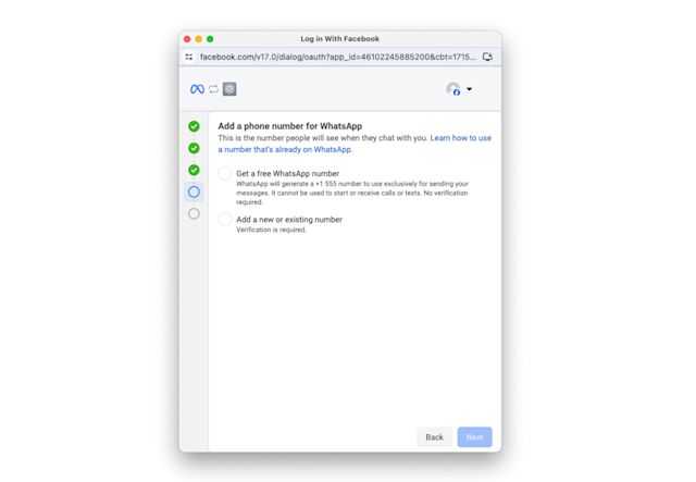 Screenshot showing how to set up your WhatsApp API phone number, by verifying the number or getting a virtual number