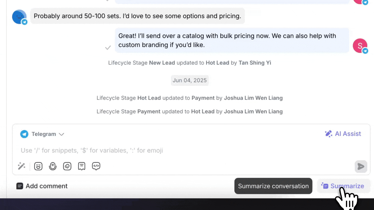 This is a gif of respond.io's AI conversation summary